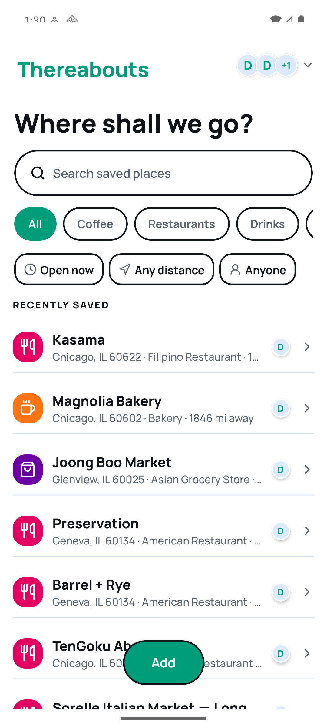 Thereabouts saved-places screen, with search, category filters, and a colorful list of places to try
